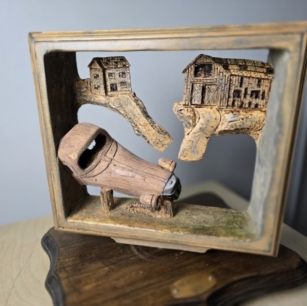 Hand Carved Rustic Wooden Diorama Art Piece